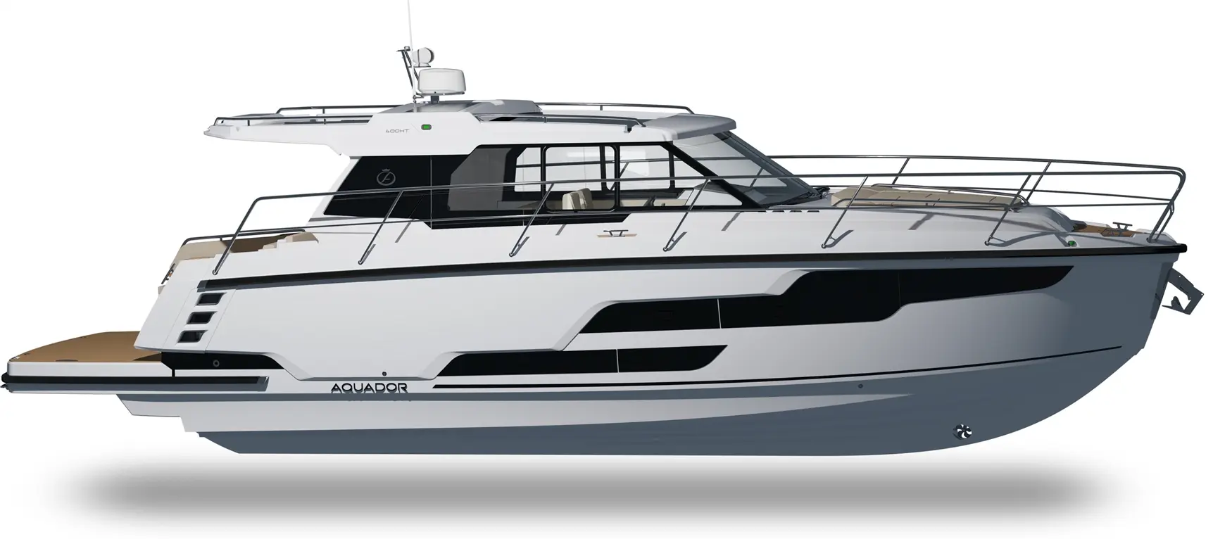 A sleek white motor yacht named "Aquador" with a modern design, featuring a spacious deck and large windows.